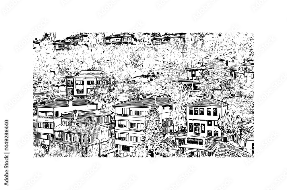 Obraz premium Building view with landmark of Istanbul is a major city in Turkey. Hand drawn sketch illustration in vector.