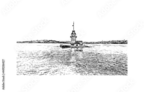 Building view with landmark of Istanbul is a major city in Turkey. Hand drawn sketch illustration in vector.