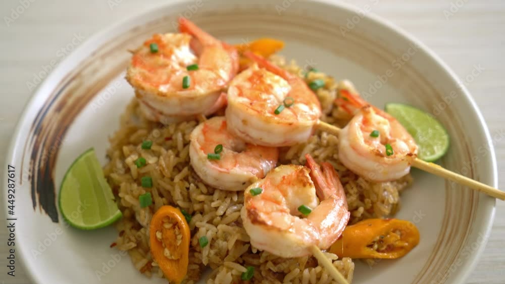 fried rice with shrimps or prawns skewers fried rice with shrimps or prawns skewers