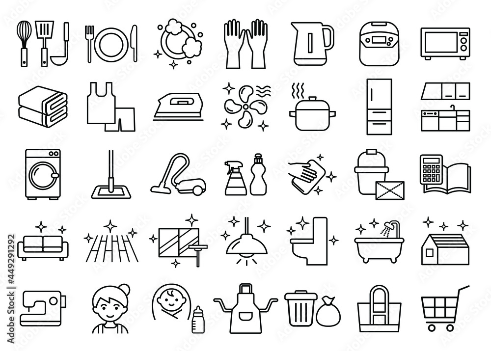 家事のシンプルな線画アイコンセット 白背景 Stock Vector Adobe Stock