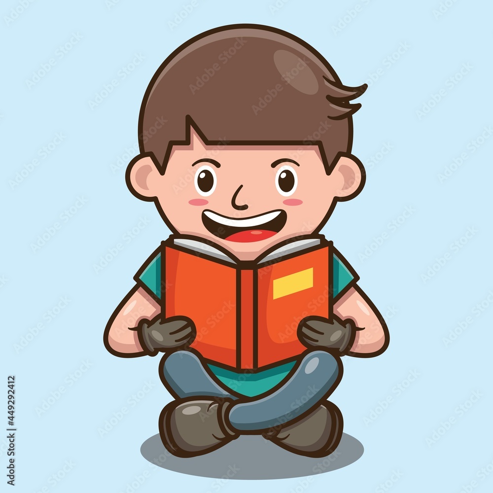 Cute Boy Holding And Reading Book Cartoon Design
