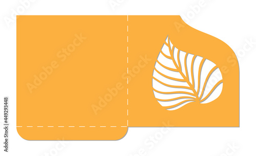 Laser or plotter cut pocket envelope template for wedding invitation or greeting card. Autumn leaves decoration.