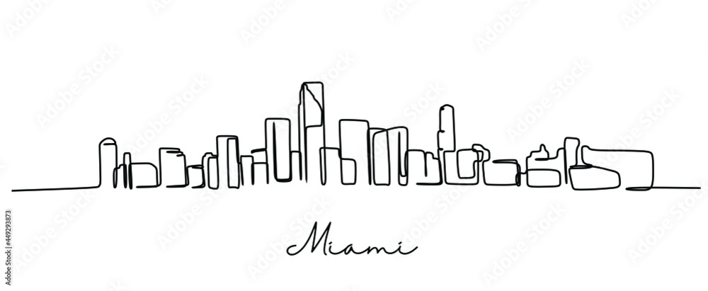 One single line drawing Miami city skyline, United States. Historical town landscape. Best holiday destination home wall decor poster print art. Trendy continuous line draw design vector illustration One single line drawing Miami city skyline, United States. Historical town landscape. Best holiday destination home wall decor poster print art. Trendy continuous line draw design vector illustration