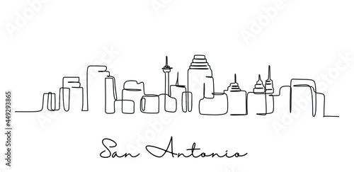 One continuous line drawing of San Antonio city skyline, USA. Beautiful landmark. World landscape tourism travel vacation poster. Editable stylish stroke single line draw design vector illustration