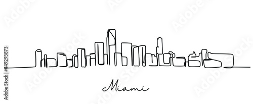 One single line drawing Miami city skyline, United States. Historical town landscape. Best holiday destination home wall decor poster print art. Trendy continuous line draw design vector illustration