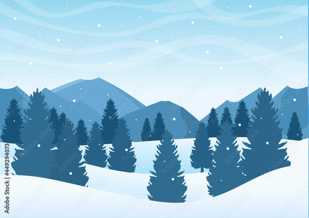 Christmas Winter Landscape and New Year Background Vector Illustration With a View Of Falling White Snow, Trees, Mountains In Flat Style Design