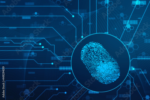 Fingerprint integrated in a printed circuit, releasing binary codes. fingerprint Scanning Identification System. Biometric Authorization and Business Security Concept