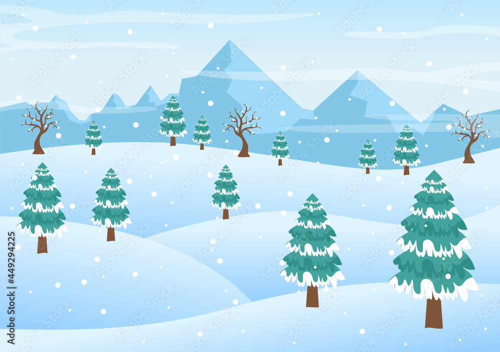 Fototapeta premium Christmas Winter Landscape and New Year Background Vector Illustration With a View Of Falling White Snow, Trees, Mountains In Flat Style Design