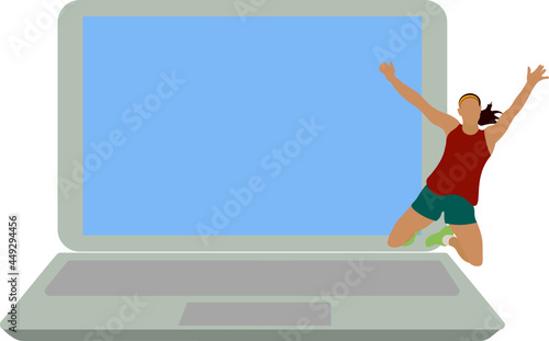 Mujer saltando arriba de una pc gigante