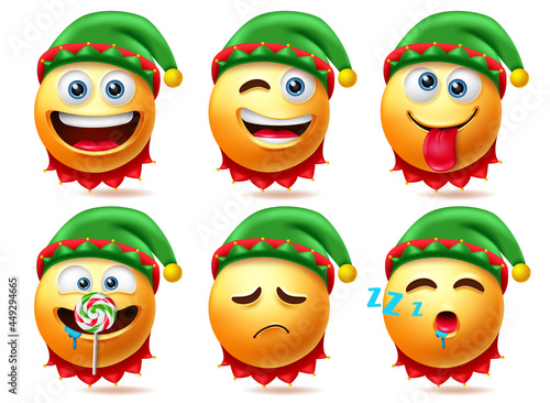 Elf smileys christmas character vector set. Elfs smiley characters in sleeping, eating and naughty facial expressions for xmas cute 3d emojis collection design. Vector illustration
