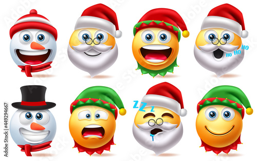 Christmas smiley characters vector set. Smileys xmas character element like santa claus, snow man and elf isolated in white background for cute avatar emoji collection design. Vector illustration

