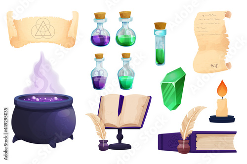 Set Witchcraft tools Magic Bottles with liquid potion, witch cauldron, parchment scroll with quill, old books, candles in cartoon style isolated on white background. alchemy asset