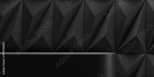 podium and abstract wall pattern black background. for product presentation. 3D rendering illustration.