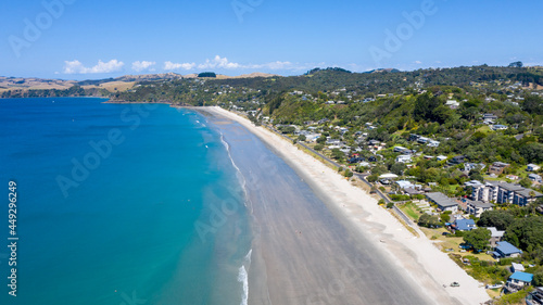 Aerial View from Ocean, Beach, Green Trees and Mountains in Waiheke Island, New Zealand - Auckland Area © Rodrigo