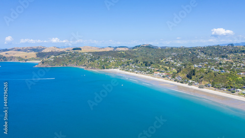 Aerial View from Ocean, Beach, Green Trees and Mountains in Waiheke Island, New Zealand - Auckland Area
