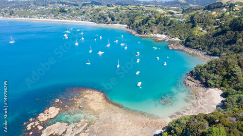 Aerial View from Ocean, Beach, Green Trees and Mountains in Waiheke Island, New Zealand - Auckland Area