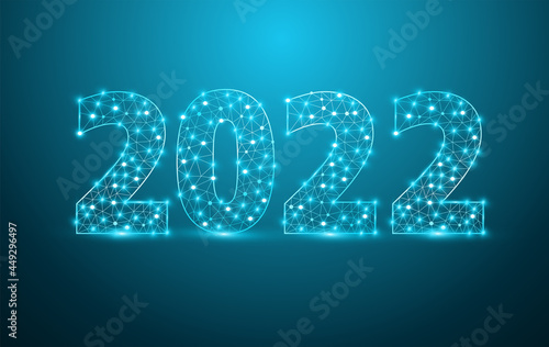 2022 new year text design with mesh stylish alphabet letters numbers, Graphic background communication structure with connected dots lines, Vector illustration