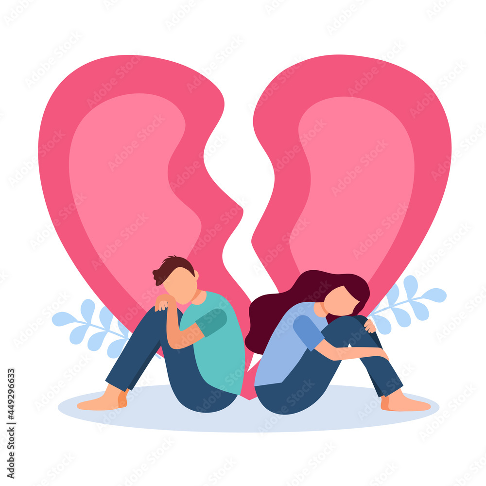 Sad loving couple sitting and hugging knees with pink broken heart pieces  on background. Breakup or divorce problem. Stock Vector | Adobe Stock