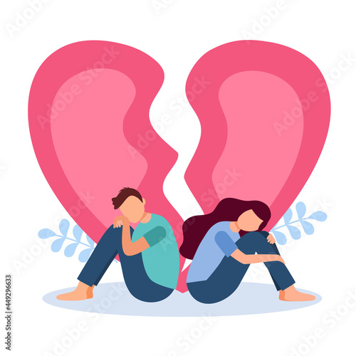 Sad loving couple sitting and hugging knees with pink broken heart pieces on background. Breakup or divorce problem.