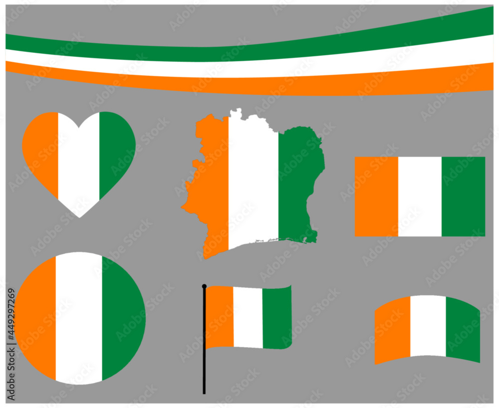 Ivory Coast Flag Map Ribbon And Heart Icons Vector Illustration Abstract National Emblem Design Elements collection Ivory Coast Flag Map Ribbon And Heart Icons Vector Illustration Abstract National Emblem Design Elements collection