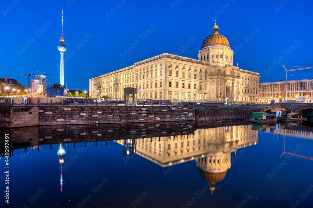 The reconstructed Berlin City Palace and the Television Tower at night