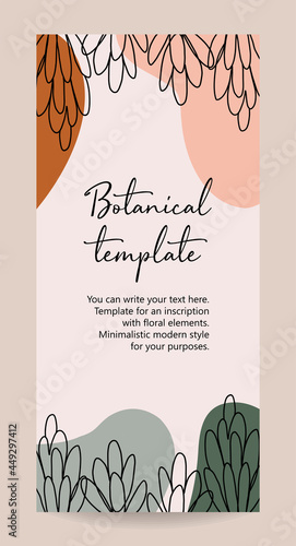 Minimalist invitation card template design, floral black line art ink drawing on ligt background. Black contour and colored geometric shapes.