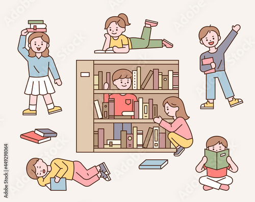 Cute children are reading or playing around bookshelves. outline simple vector illustration.