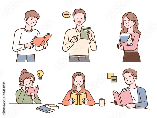 Collection of people reading a book. outline simple vector illustration.