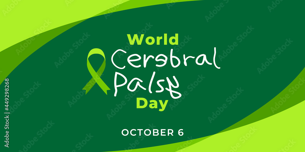 World Cerebral Palsy Day. Vector web banner, illustration, poster, card for social media. Text World Cerebral Palsy Day, october 6. A ribbon, an inscription on a green background. - obrazy, fototapety, plakaty 