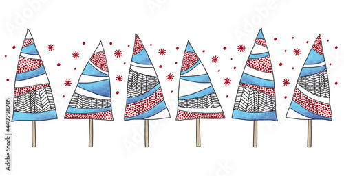 Tannenbäume von Hand gezeichnet, Zeichentusche, aquarell, Wasserfarben, blau, rot, schwarz, weiß, isoliert