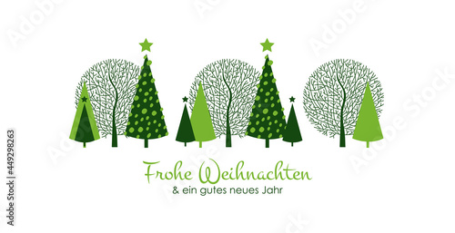 Weihnachtskarte grün weiß mit abstrakten Tannenbäumen und Frohe Weihnachten in deutsch, Kunst