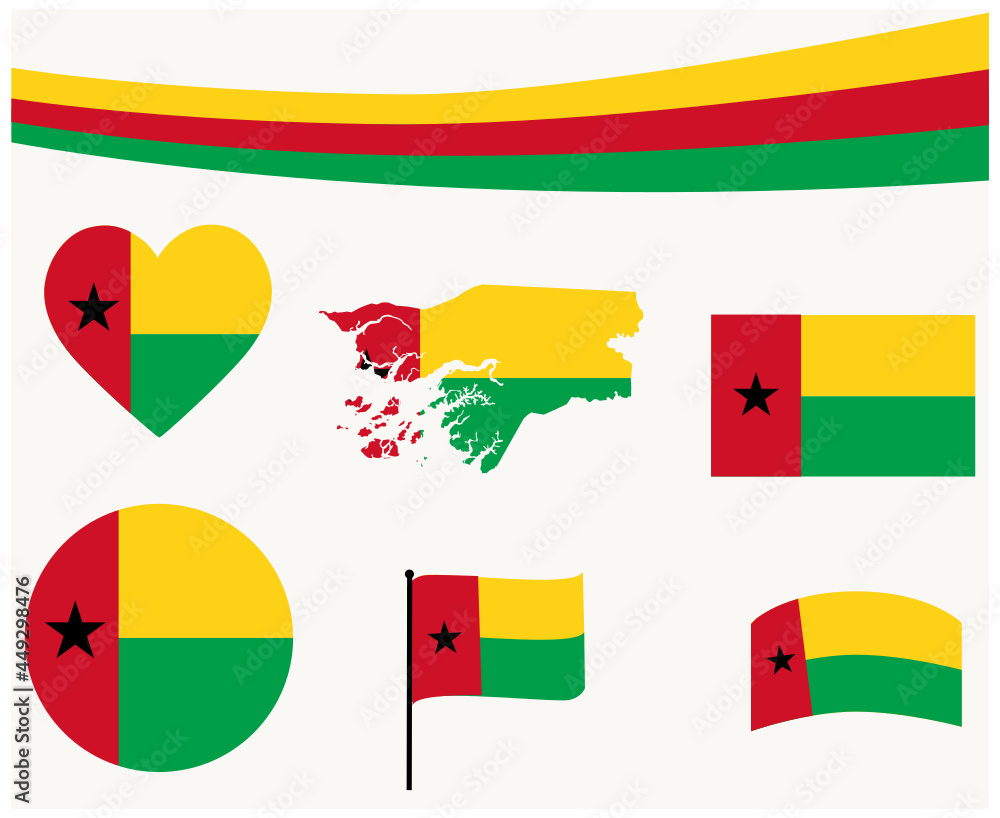 Obraz premium Guinea Bissau Flag Map Ribbon And Heart Icons Vector Illustration Abstract National Emblem Design Elements collection