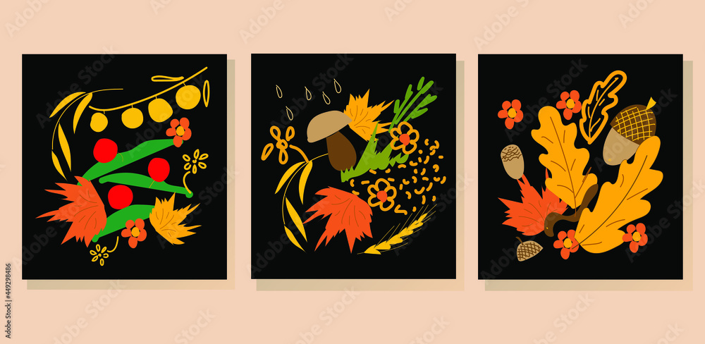 Autumn flowers, leaves, acorns, mushrooms, berries in posters on black. Colored flat illustration. Autumn flowers, leaves, acorns, mushrooms, berries in posters on black. Colored flat illustration.