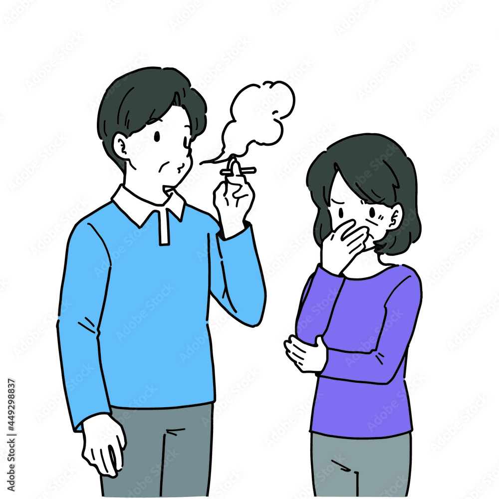 煙草を吸う男性と迷惑している女性のイラスト 煙草を吸う男性と迷惑している女性のイラスト