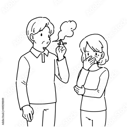 煙草を吸う男性と迷惑している女性のイラスト