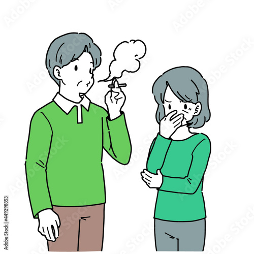 煙草を吸う男性と迷惑している女性のイラスト