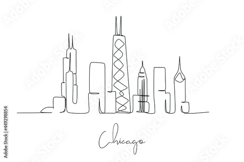 Continuous one line drawing of Chicago city skyline vector illustration. Hand drawn style modern design for wall decoration or promotion media 