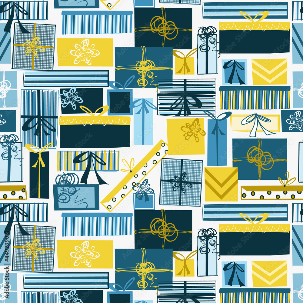 Holiday gift box seamless repeating pattern for fabric, gift wrap, cards, backgrounds, invitations and more. Blue and yellow whimsical, quirky Chanukah, Hanukkah, Festival of Lights holiday print