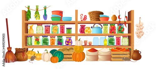 Pantry, cellar with food preserves on shelves on white background. Vector cartoon interior of storeroom with vegetables and fruit, bags, glass jars on shelves in the cellar.Canned vegetables and fruit