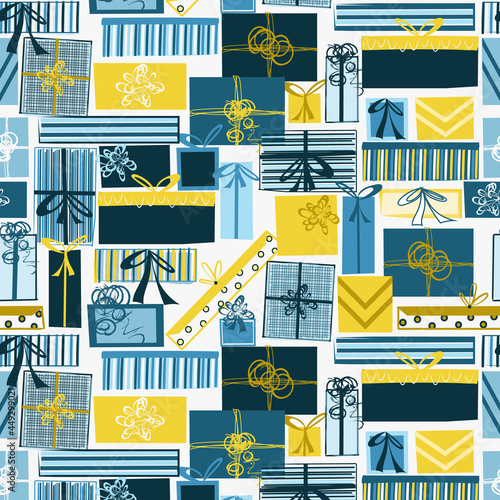Hanukkah, holiday gift box seamless repeating pattern for fabric, gift wrap, cards, backgrounds, invitations and more. Blue and yellow whimsical, quirky Chanukah, Festival of Lights holiday print