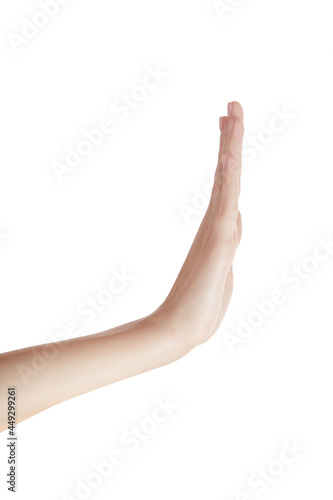 Female hand stop gesture. On white background