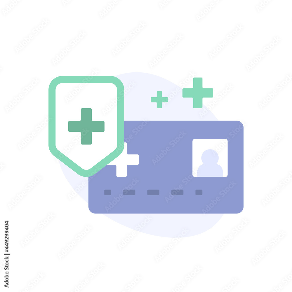 health insurance icon concept, health protection. illustration of identity card, shield, plus symbol. flat cartoon style. vector element design health insurance icon concept, health protection. illustration of identity card, shield, plus symbol. flat cartoon style. vector element design