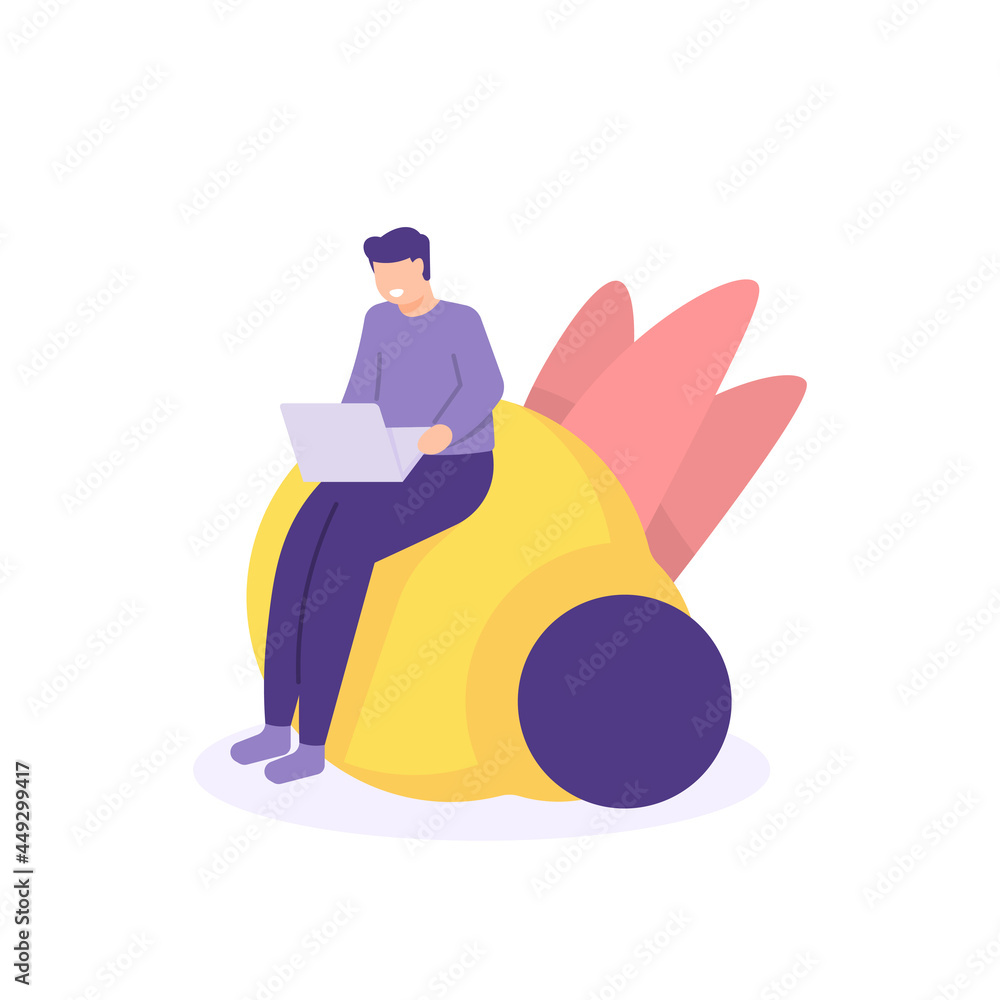 illustration of a male employee sitting on a light bulb. work on a laptop. creative and innovative worker concept, full of ideas, smart. flat cartoon style. vector design