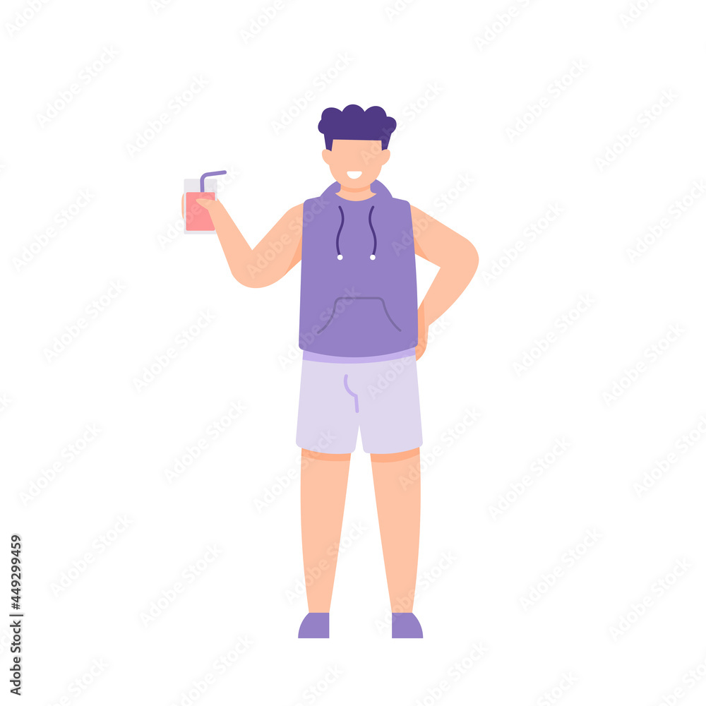 illustration of a male tourist standing and enjoying a glass of juice. holding a glass. people smiling.flat cartoon style. vector design