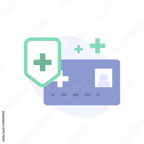 health insurance icon concept, health protection. illustration of identity card, shield, plus symbol. flat cartoon style. vector element design