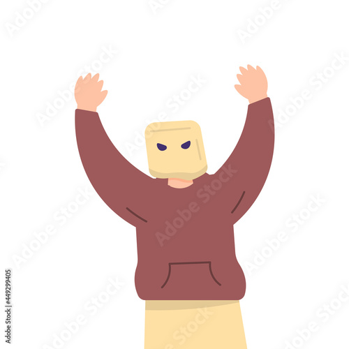 illustration of a person trying to scare. wearing a jacket and wearing a shopping bag mask. happy Halloween. flat cartoon style. vector people design