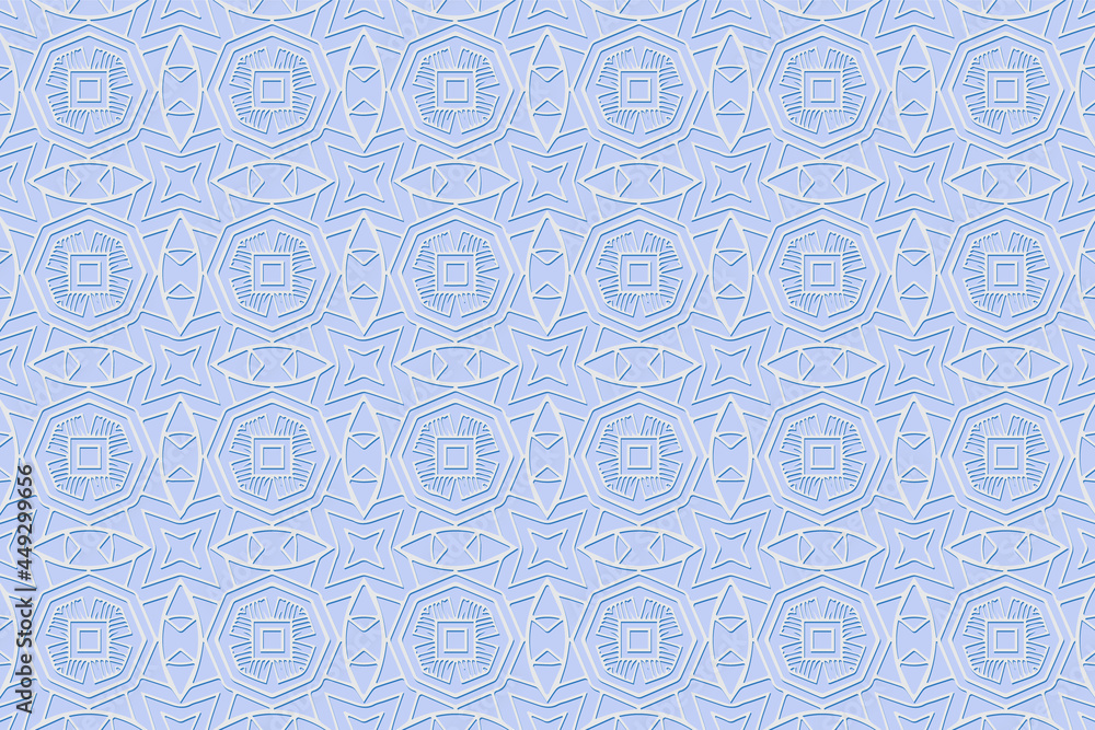 Geometric volumetric convex 3D blue pattern, arabesque for wallpaper, websites, textiles. Embossed abstract background in traditional oriental, Indian style. Texture with ethnic ornament.