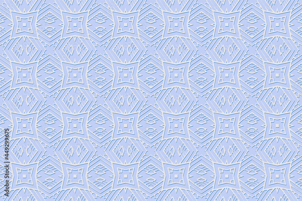 Fototapeta premium Geometric volumetric convex 3D blue pattern, arabesque for wallpaper, sites, textiles. Embossed original background in traditional oriental, Indian style. Texture with ethnic ornament.