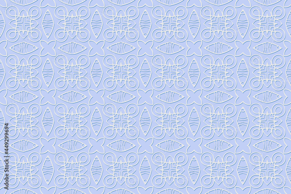 Geometric volumetric convex 3D blue pattern, arabesque for wallpaper, websites, textiles. Embossed unique background in traditional oriental, Indian style. Texture with ethnic ornament.