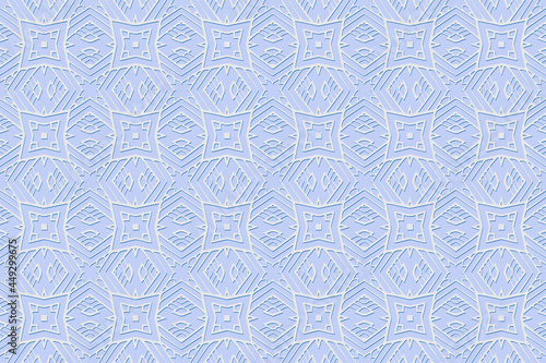 Geometric volumetric convex 3D blue pattern, arabesque for wallpaper, sites, textiles. Embossed original background in traditional oriental, Indian style. Texture with ethnic ornament.
